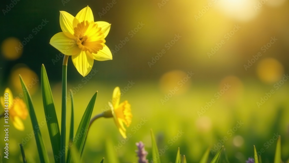 Fototapeta premium Golden Daffodil in a Sunlit Meadow, Springtime Bloom, Vibrant Yellow Petals and Lush Green Foliage