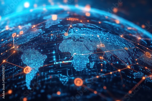 A visually striking digital composition showcasing a global e-payment network with interconnected devices.