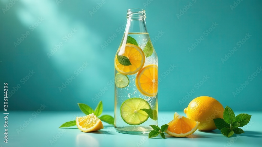 Refreshing citrus infused water in a glass bottle with lemon and lime slices and mint leaves on a teal background Refreshing citrus infused water in a glass bottle with lemon and lime slices and mint leaves on a teal background
