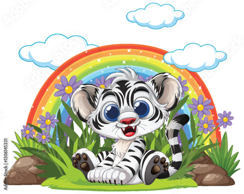 Playful Tiger Cub Under Rainbow