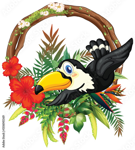 Tropical Bird Flying Through Floral Wreath
