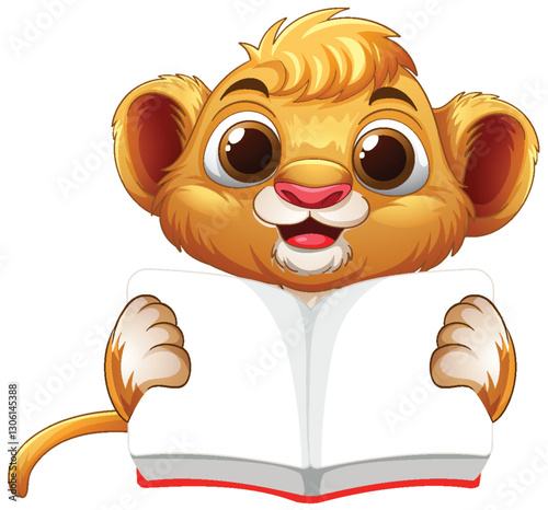 Cute Lion Cub Reading a Book