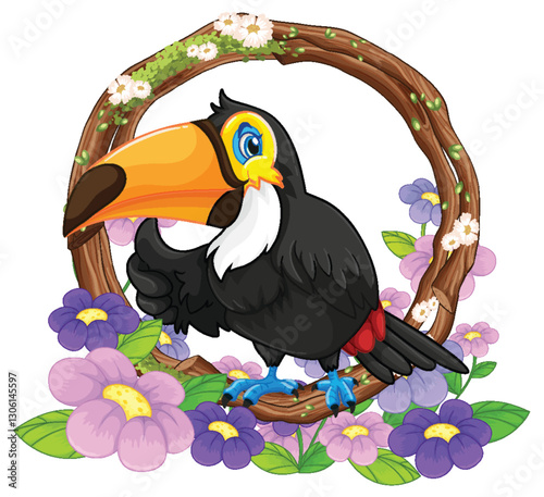 Toucan Bird with Floral Wreath Illustration