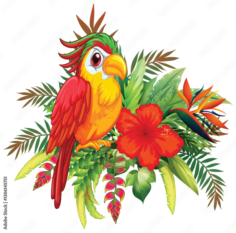 Obraz premium Colorful Parrot with Tropical Floral Arrangement
