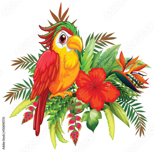 Colorful Parrot with Tropical Floral Arrangement