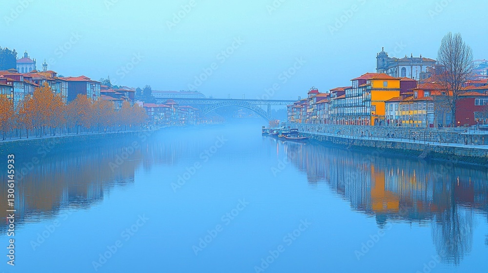 Obraz premium Riverfront Cityscape with Bridge and Misty Reflections