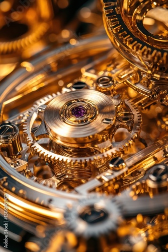 Intricate Golden Gears of a Luxury Watch Mechanism: A Close-Up View Revealing the Precision Engineering and Artistry of High-End Horology