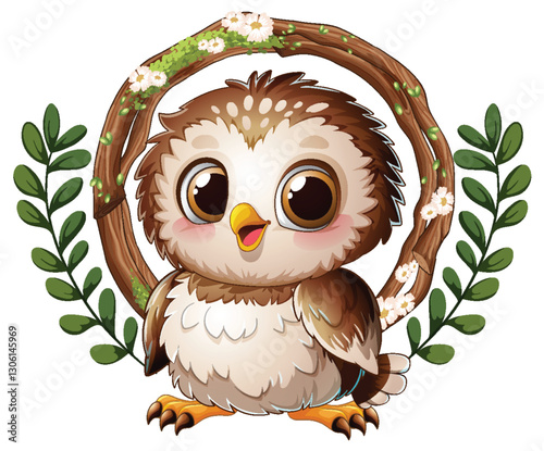 Adorable Owl with Floral Wreath