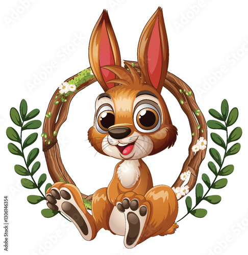 Cheerful Bunny in Floral Wreath