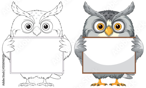 Owls Holding Blank Signs Illustration