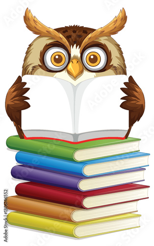 Wise Owl Reading on Book Stack