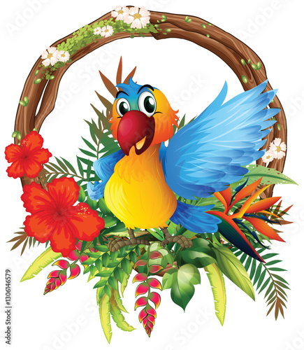 Colorful Bird with Tropical Floral Frame