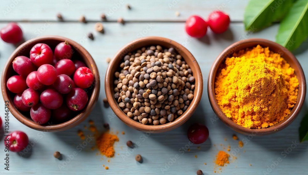 Fototapeta premium Close-up of acai, goji berries, chia seeds, and turmeric powder in small bowls, natural, chia seeds