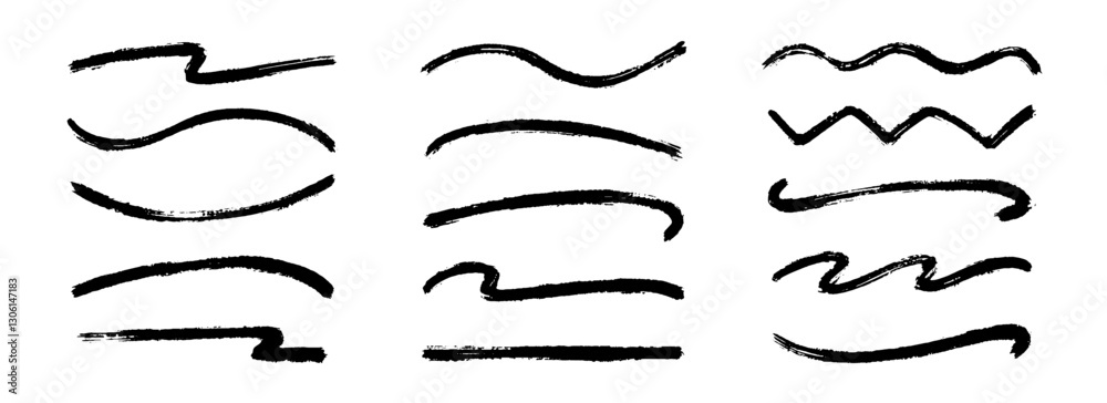 Straight, zigzag and wavy paint line set. Thick sketch brush stroke collection. Rough charcoal squiggle stripes for highlight, underline, emphasis. Vector hand drawn textured crayon chalk strips