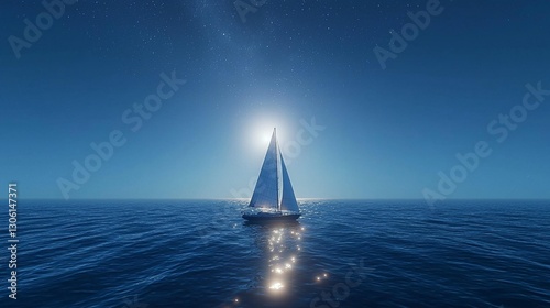 Sailboat on calm ocean at night under starry sky.