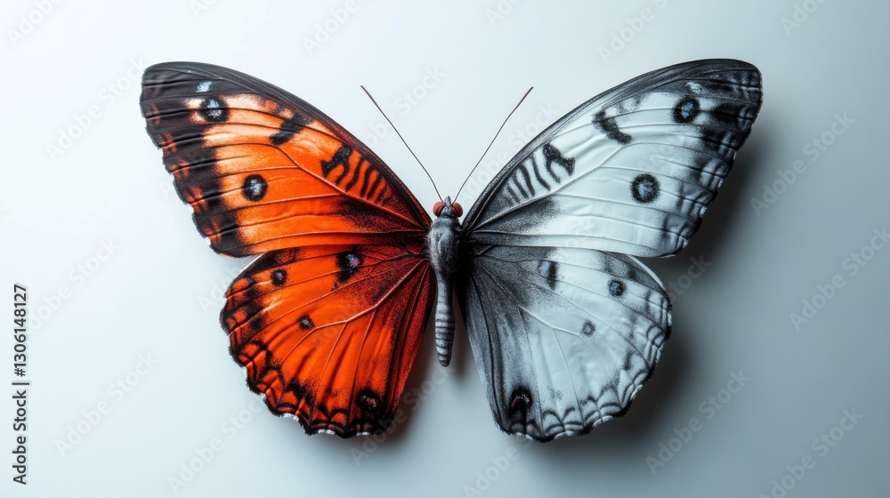Fototapeta premium A butterfly with one side vibrant and colorful while the other side is in grayscale Depicting transformation and stark contrast.