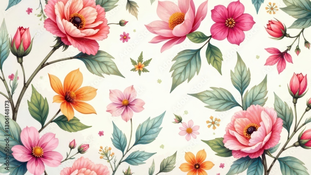 Fototapeta premium A Delicate Tapestry of Exquisitely Rendered Blossoms, Featuring a Vibrant Array of Floral Designs and Lush Greenery, Ideal for Textile Prints or Decorative Applications