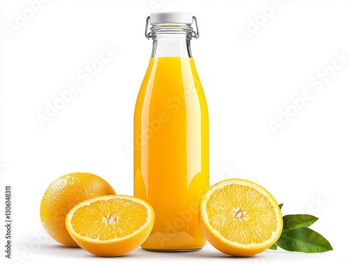 Wallpaper Mural Fresh orange juice in a glass bottle with oranges on a clean white background. Torontodigital.ca