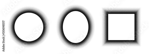 Black halftone geometric frame set. Dotted gradient border collection. Pop art comic dot picture holder design for banner template, copy space, emblem, poster element. Vector rasterized framing back