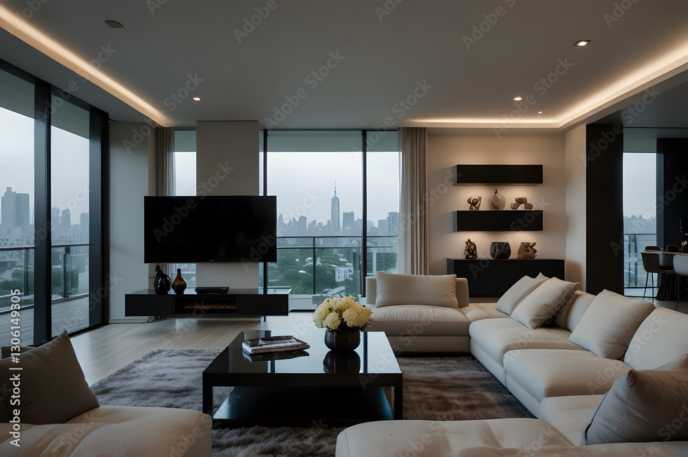 Futuristic Minimalist Asian Living Room with Smart Technology Futuristic Minimalist Asian Living Room with Smart Technology