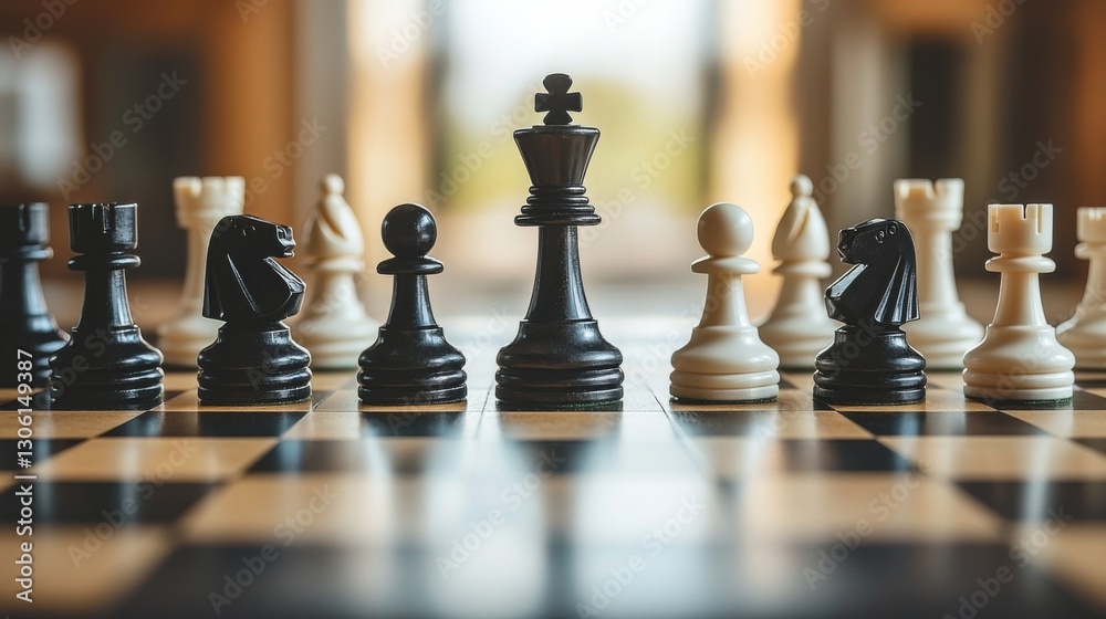 A chessboard with black and white pieces locked in an intense battle Illustrating strategic conflict or competition. A chessboard with black and white pieces locked in an intense battle Illustrating strategic conflict or competition.