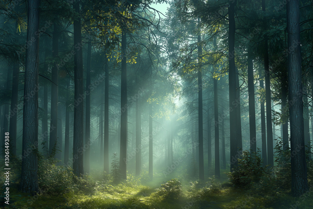 Obraz premium 霧深き幻想の森 – 自然が創る幻想風景