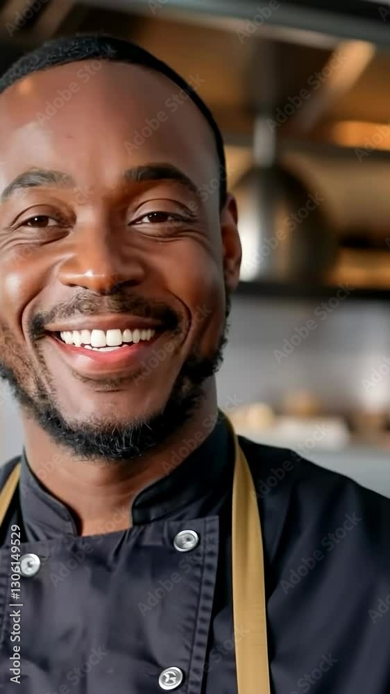 Smiling chef in a modern kitchen wearing a black apron, ready to cook with enthusiasm and skill, 4k vertical video