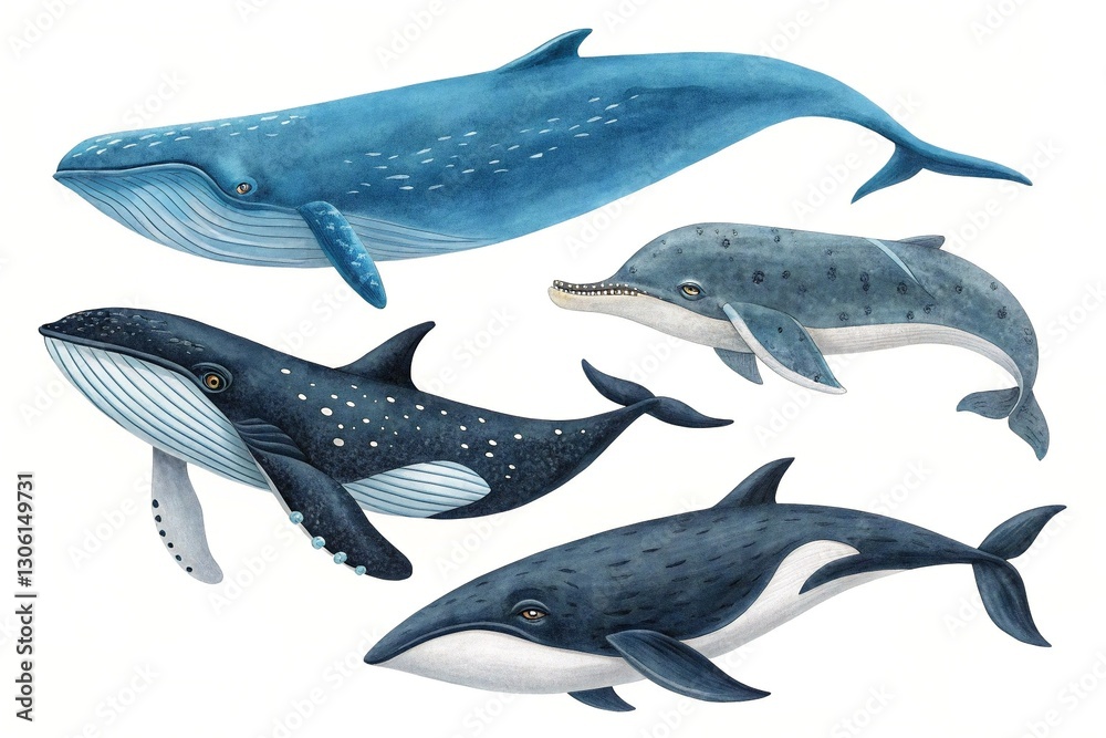 Whale Species Collection: Humpback, Pygmy Blue, Killer, and Bryde's Whales Isolated on White Whale Species Collection: Humpback, Pygmy Blue, Killer, and Bryde's Whales Isolated on White