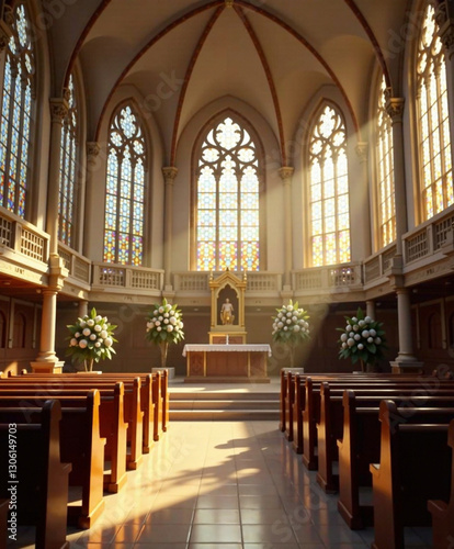 A sunlit interior of a grand synagogue, with intricate stained glass windows casting colorful patterns on polished wooden pews, and a majestic bimah adorned with lush floral arrangements.
