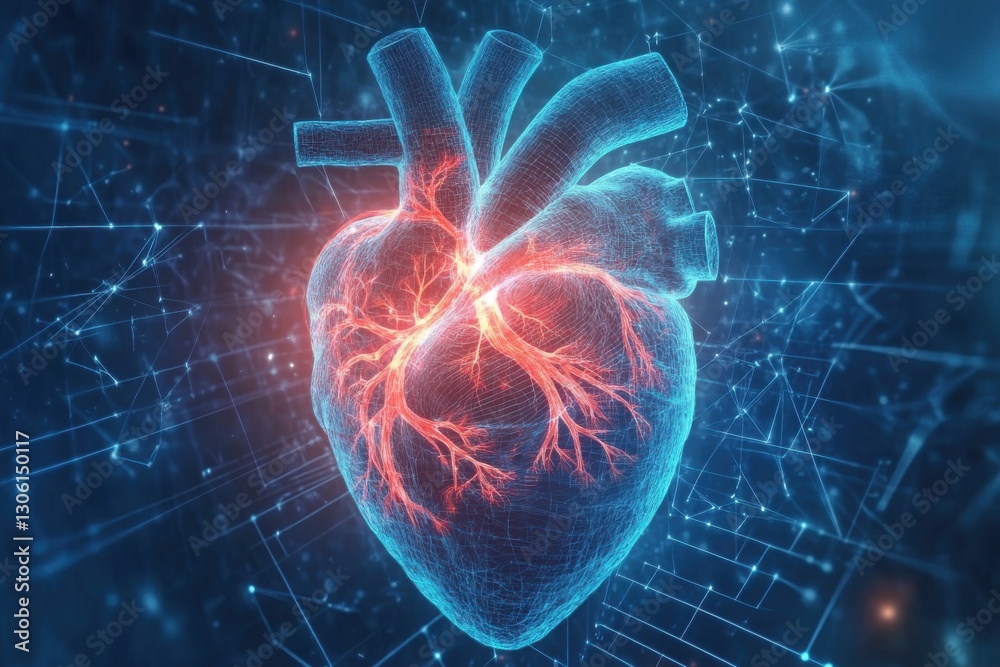 Obraz premium Glowing Heart Anatomy in Digital 3D Illustration with Connections