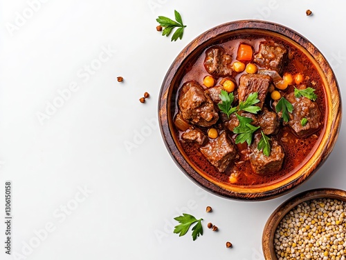 Delicious hearty beef stew served in a rustic bowl with herbs and spices.
