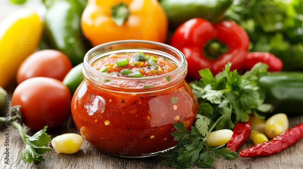 Fresh salsa in a jar surrounded by vibrant vegetables and herbs on a wooden table. Fresh salsa in a jar surrounded by vibrant vegetables and herbs on a wooden table.