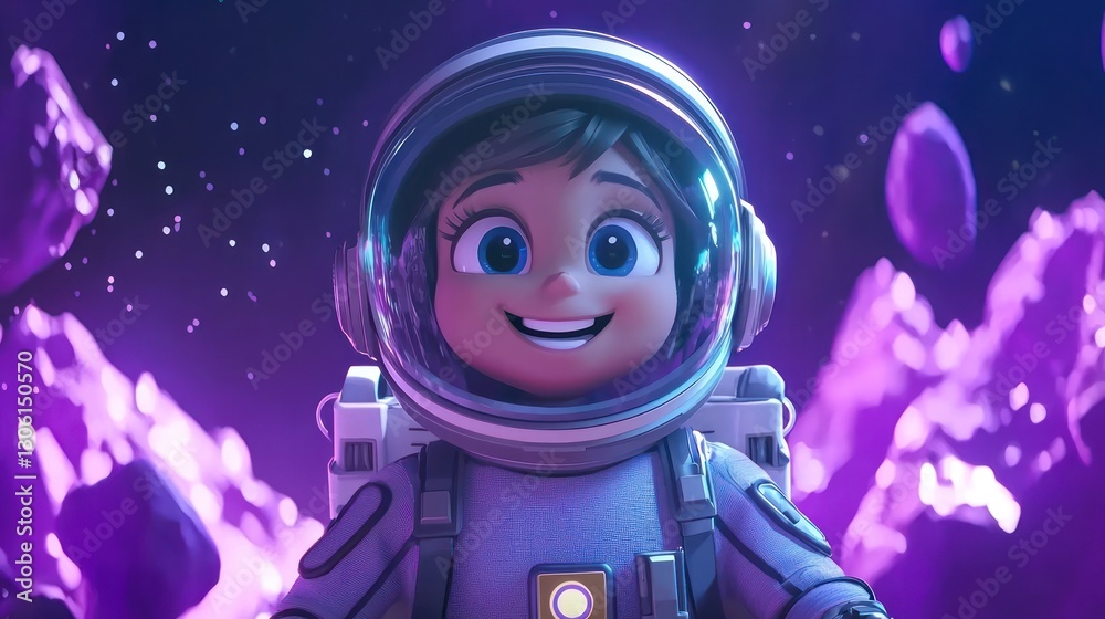 Cheerful Astronaut Character in Colorful Space Environment Cheerful Astronaut Character in Colorful Space Environment