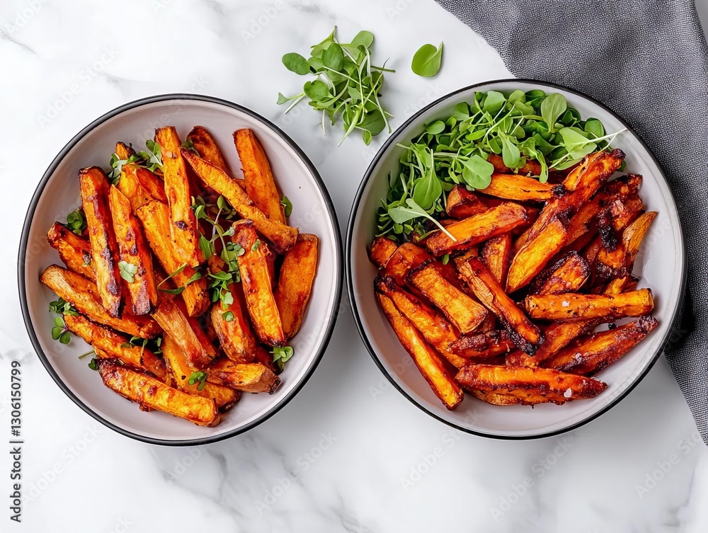 Delicious roasted potato fries served in elegant bowls with fresh herbs. Delicious roasted potato fries served in elegant bowls with fresh herbs.