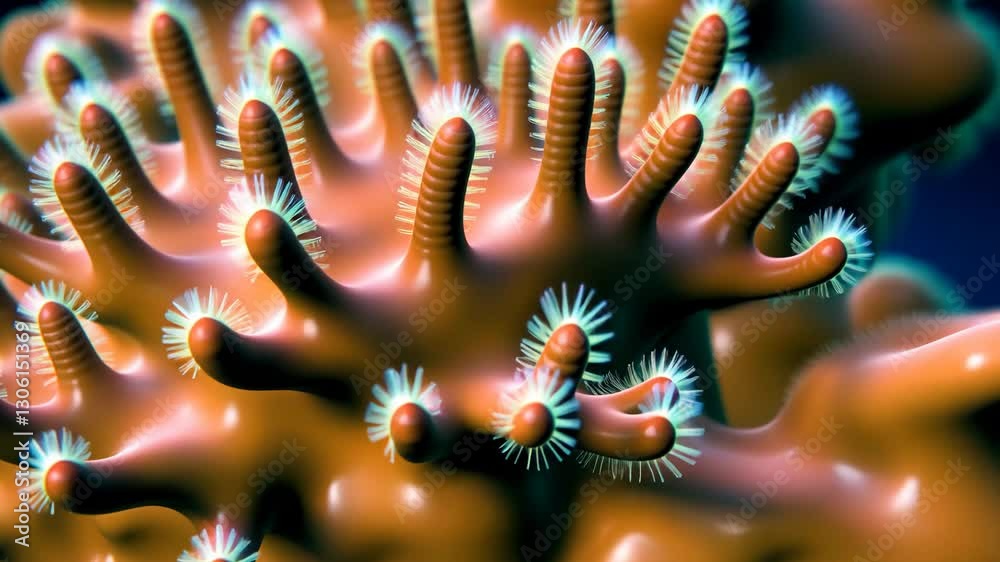 A close up of a coral with many spines. The coral is orange and green. The spines are small and pointy