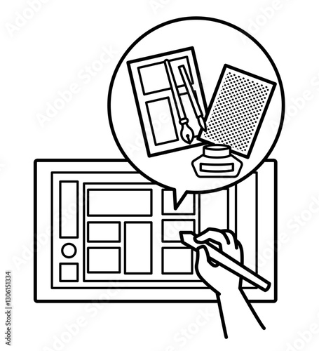 液晶タブレットでマンガを制作するイメージのイラスト　線画のみ