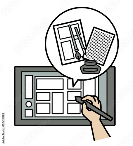 液晶タブレットでマンガを制作するイメージのイラスト