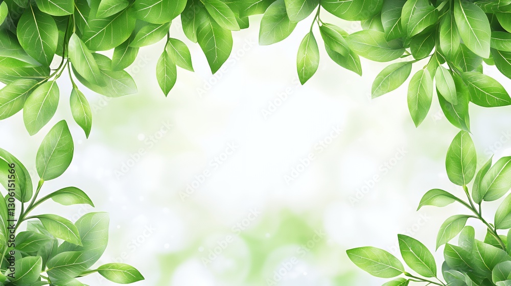 Lush Green Leaves Frame on Soft White Background Lush Green Leaves Frame on Soft White Background