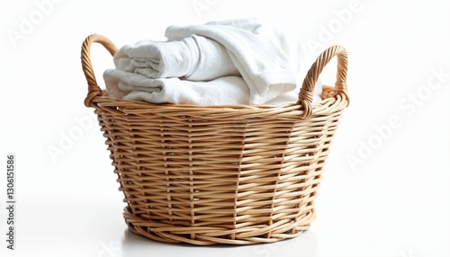 Wicker laundry basket full of clean folded clothes isolated on white background. Fresh white cotton fabric household object. Laundry concept photo about home care, tidiness and washing.