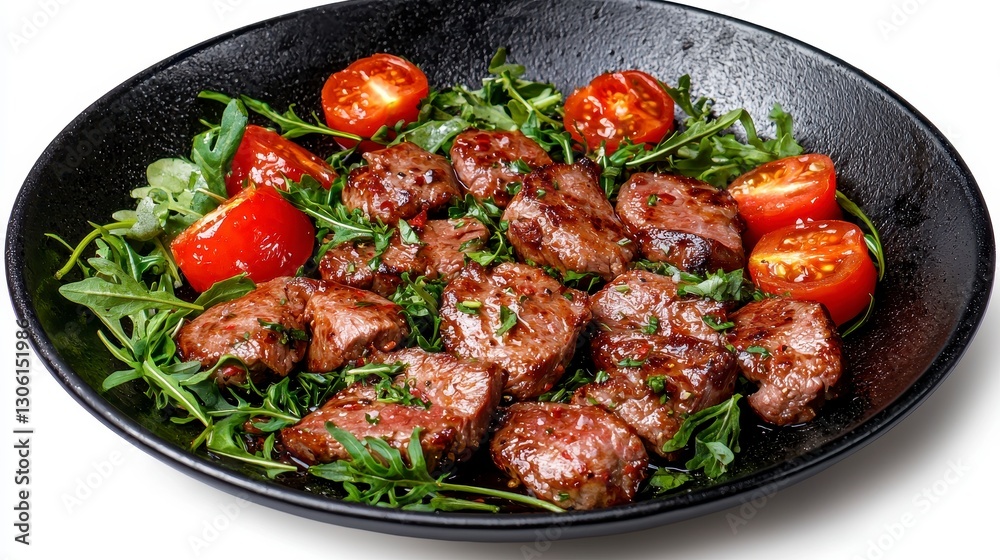 Fototapeta premium Delicious Grilled Steak Bites Served on a Bed of Fresh Arugula and Garnished with Juicy Cherry Tomatoes, a Perfect Appetizer or Light Meal Enjoy These Tender, Flavorful Beef Cubes, Skilfully Prepared