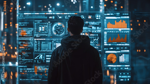 Data analysis and visualization event high-tech office digital display urban environment night viewpoint cybersecurity concept