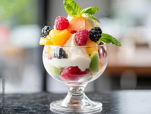 A delicious fruit parfait topped with mint leaves in a glass bowl.