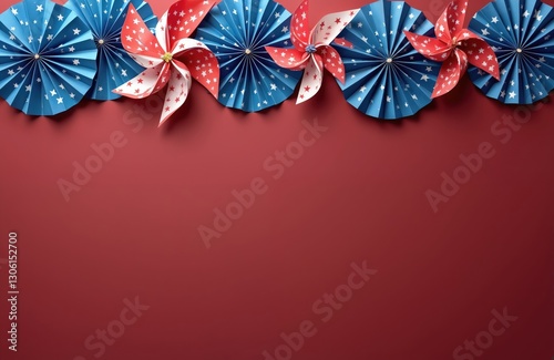 Festive banner design for 4th of July holiday. USA theme paper fans and pinwheels create patriotic atmosphere. Red, blue, white colors. Independence, Memorial Day concept with copy space.
