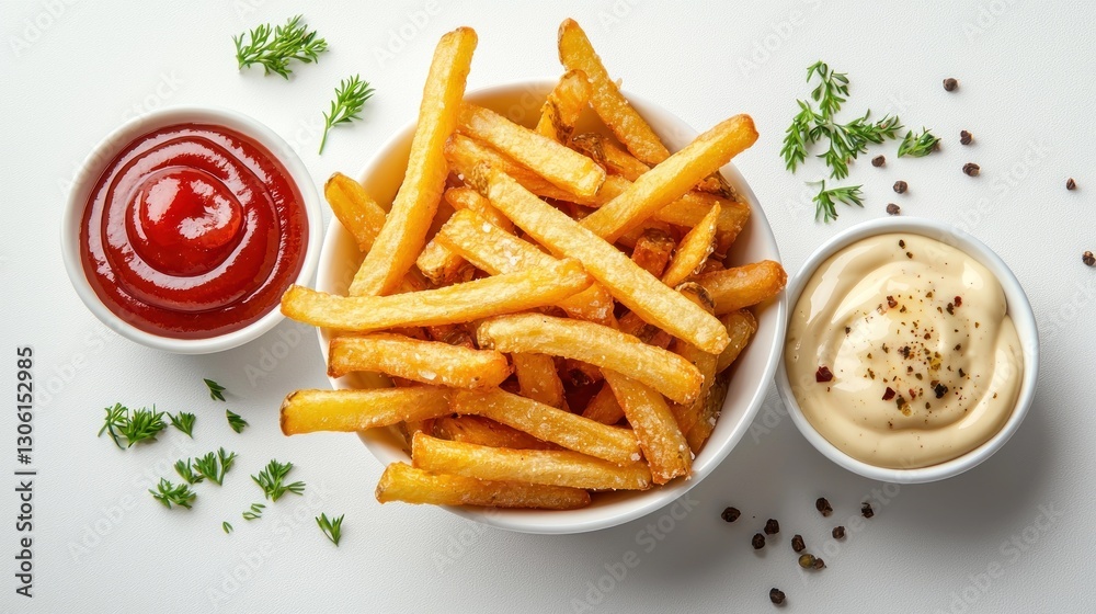 Golden fried potatoes served with ketchup and mayonnaise in bowls