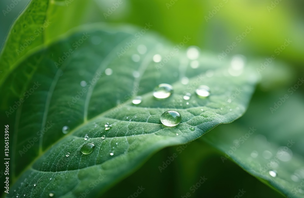 Macro close-up of green leaf covered with transparent water droplets. Natural green textured background. Raindrops on leaf surface. Freshness of nature, environment, healthy lifestyle, spa, ayurveda Macro close-up of green leaf covered with transparent water droplets. Natural green textured background. Raindrops on leaf surface. Freshness of nature, environment, healthy lifestyle, spa, ayurveda