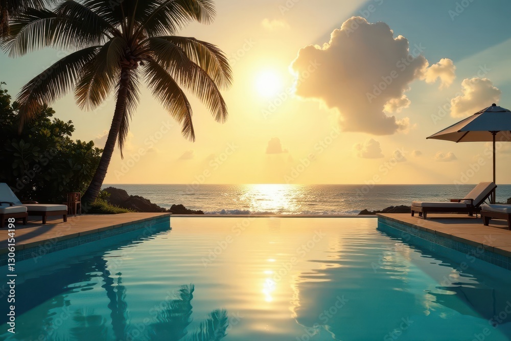 Naklejka premium Sparkling pool, palm silhouette; sun-drenched luxury, serene, sky, summer