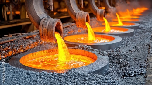 A detailed steel casting scene, where the intense heat from the molten metal distorts the air, as bright orange liquid steel is carefully controlled during the pouring process