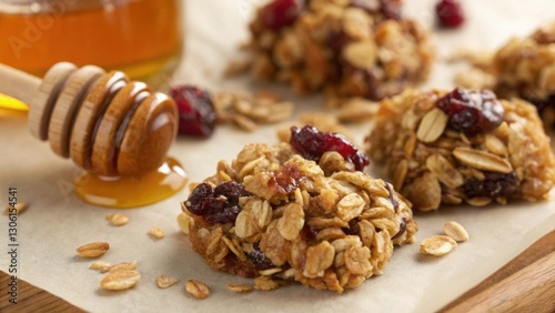 Granola crunch healthy. Healthy honey-drizzled granola with a sweet and sticky appeal, perfect for gourmet breakfast options. Healthy Gourmet breakfast.