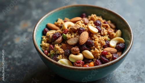 Close-up shot of trail mix in turquoise bowl. Healthy snack with nuts, seeds, dried fruits, granola. Almonds, cashews, peanuts, raisins, cranberries. Granola provides sustained energy boost, fruits
