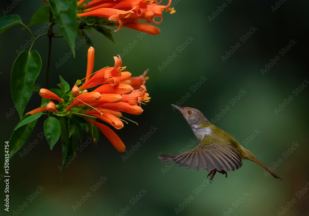 Common Tailorbird hovering and looking for nectar. Close up, selective focus.
